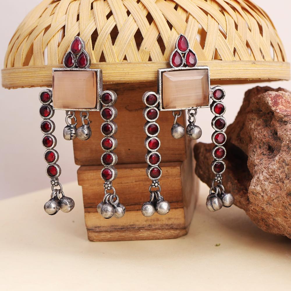 Monalisa Handcrafted Oxidized Silver Dangle Earrings with Red Stone Accents and Ghungru Drops