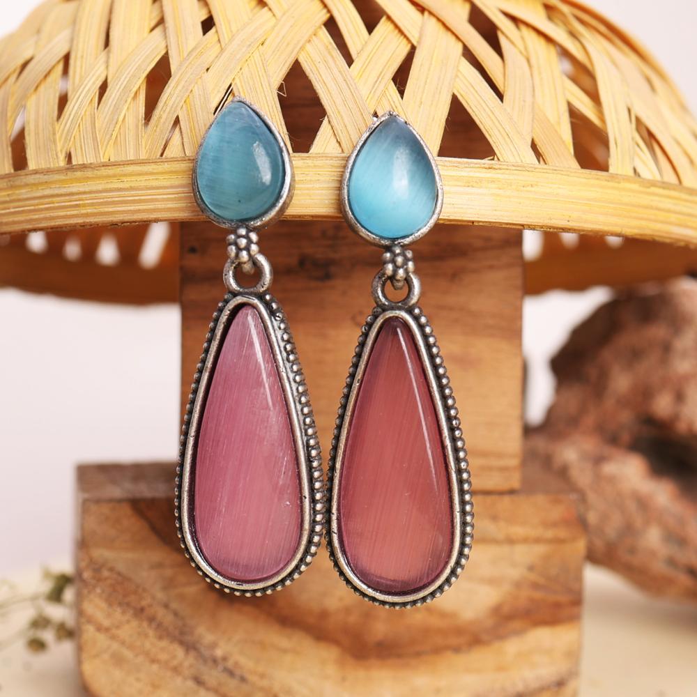 Antique Silver Tone Teardrop Dangler Earrings Pastel Dream Long Drop Earrings  oxidized jewelry, brass earrings, handmade jewelry, jhumka, indian jewelry