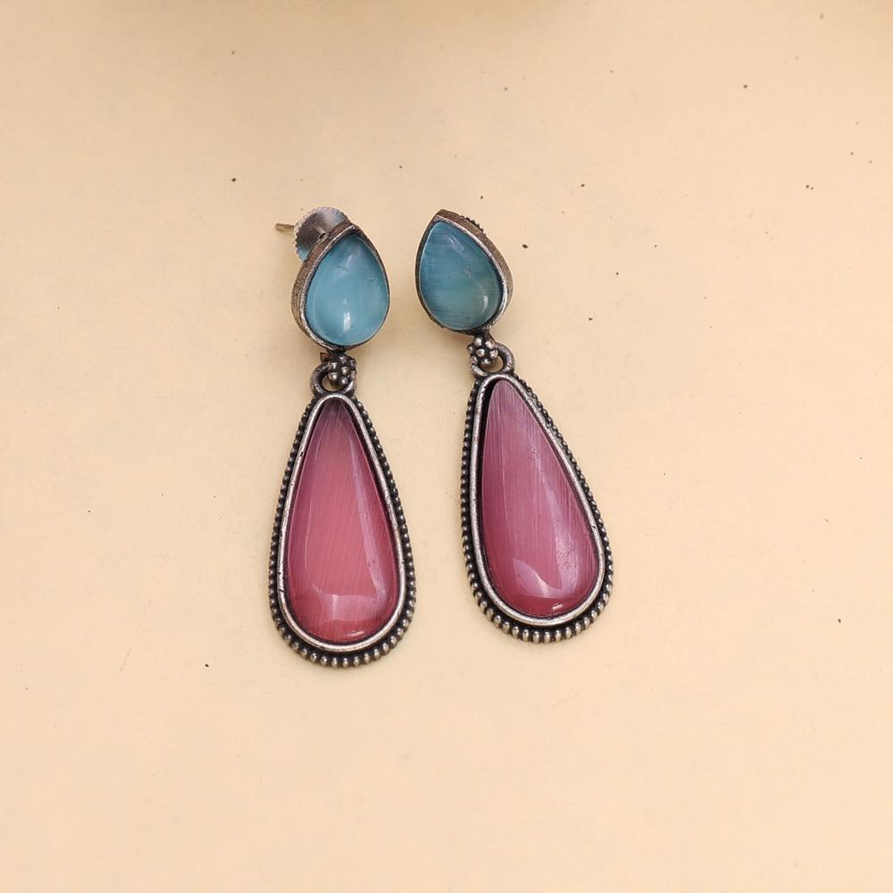 Antique Silver Tone Teardrop Dangler Earrings Pastel Dream Long Drop Earrings  oxidized jewelry, brass earrings, handmade jewelry, jhumka, indian jewelry