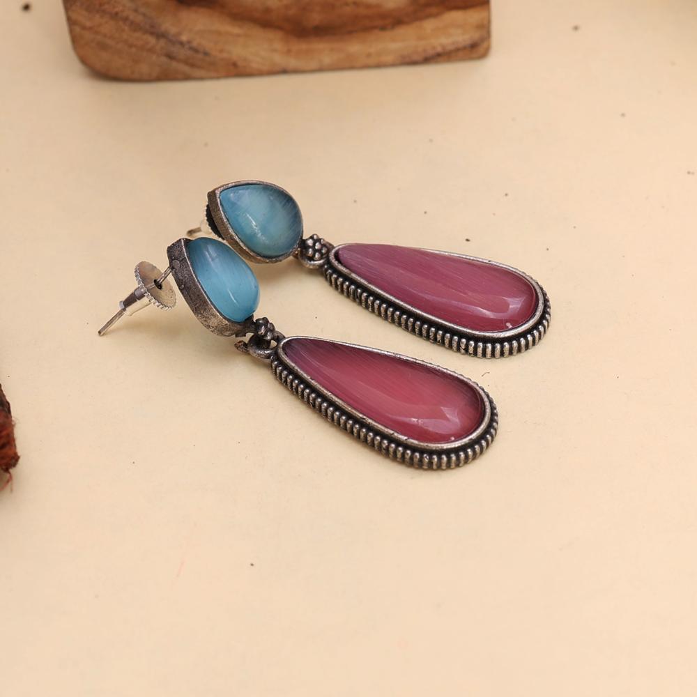 Antique Silver Tone Teardrop Dangler Earrings Pastel Dream Long Drop Earrings  oxidized jewelry, brass earrings, handmade jewelry, jhumka, indian jewelry