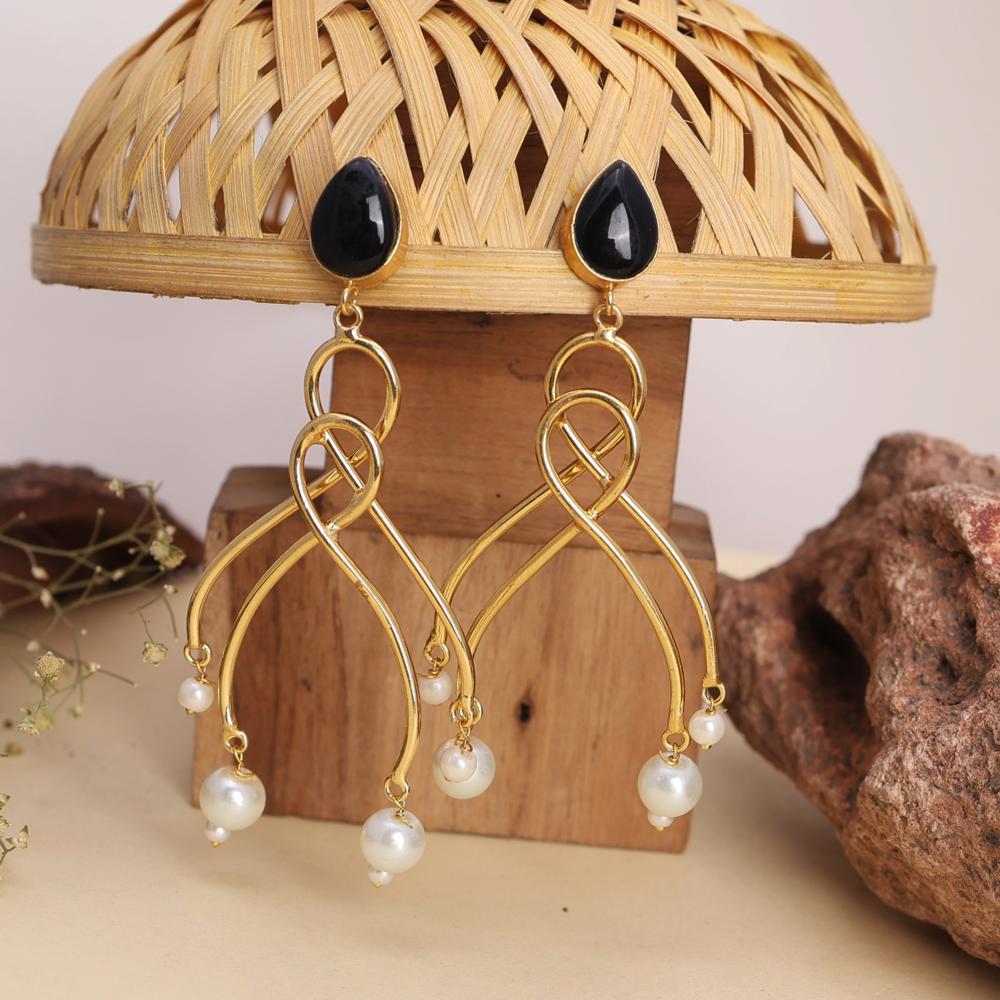 Graceful Twist Elegant Gold-Plated Drop Earrings with Black Stone and Pearl Danglers  / oxidized jewelry, brass earrings, handmade jewelry, jhumka, indian jewelry