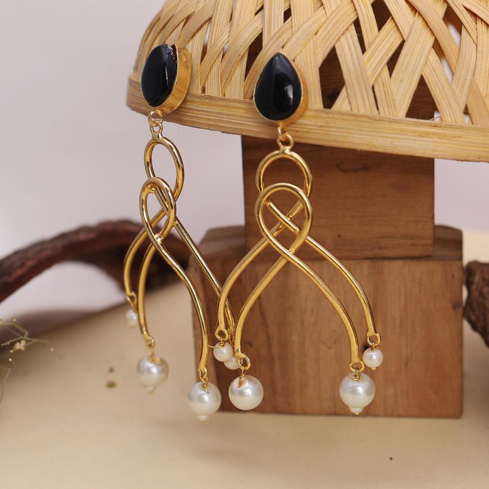 Graceful Twist Elegant Gold-plated Drop Earrings With Black Stone And Pearl Danglers - Color: Golden