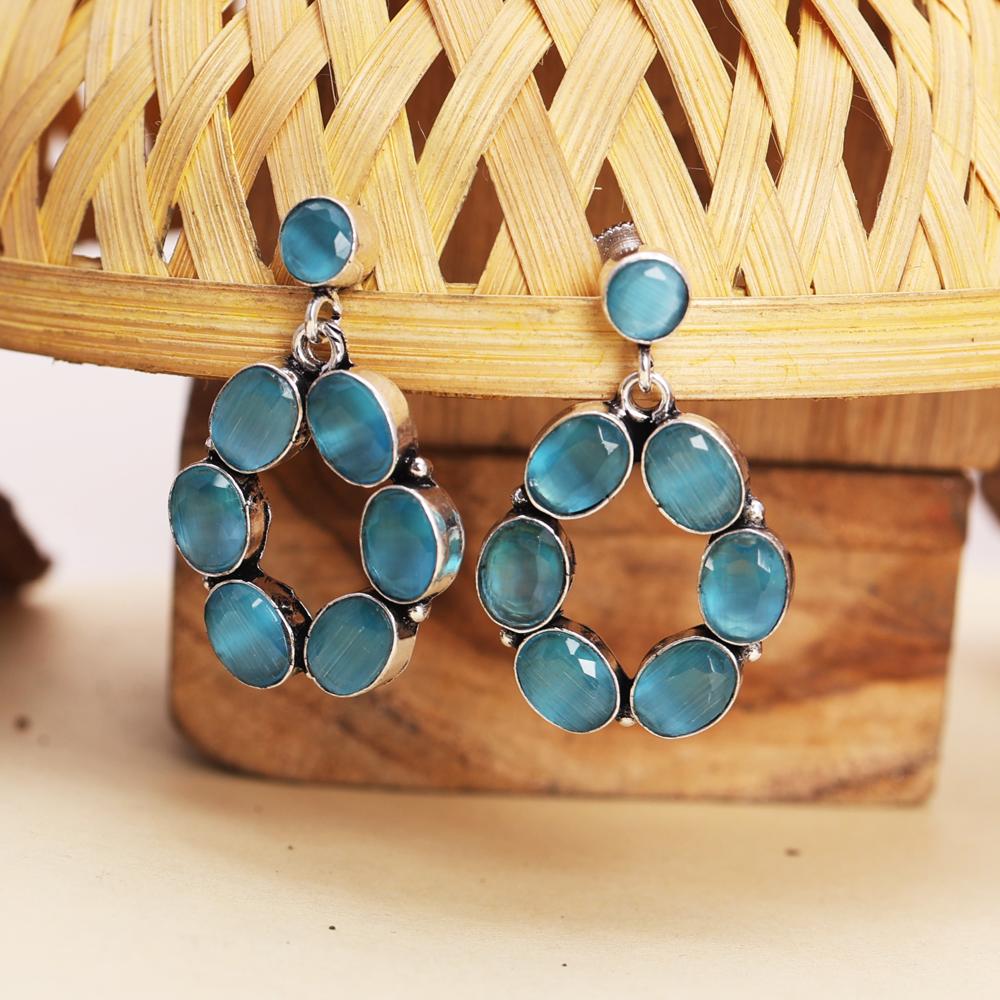 Aqua Blue Monalisa Stone Hoop Earrings in Oxidized Finish Fashion Earrings For Girls/ oxidized jewelry, brass earrings, handmade jewelry, jhumka, indian jewelry