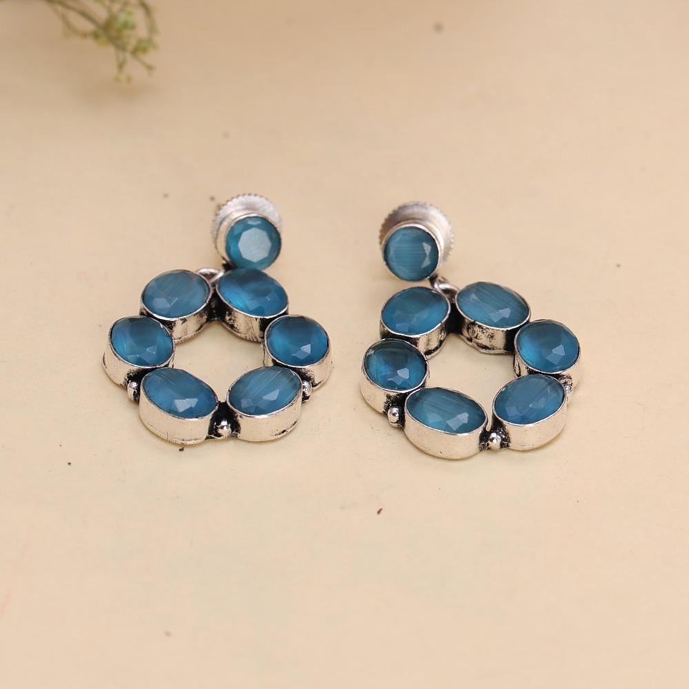 Aqua Blue Monalisa Stone Hoop Earrings in Oxidized Finish Fashion Earrings For Girls/ oxidized jewelry, brass earrings, handmade jewelry, jhumka, indian jewelry