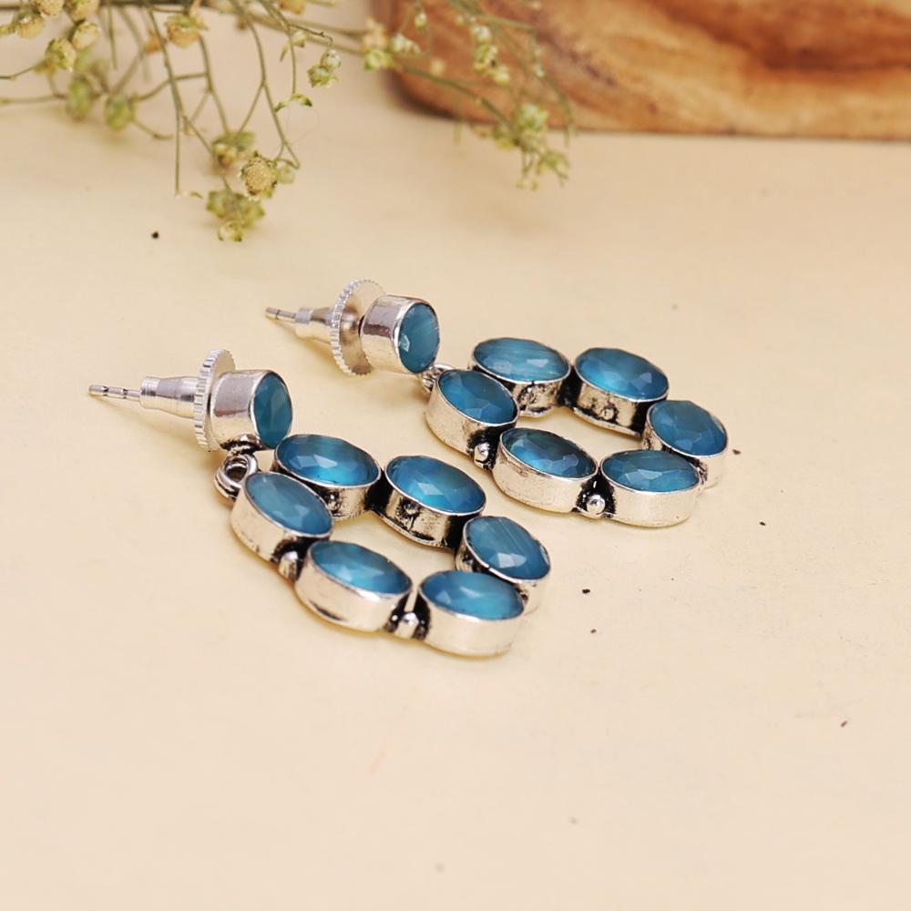 Aqua Blue Monalisa Stone Hoop Earrings in Oxidized Finish Fashion Earrings For Girls/ oxidized jewelry, brass earrings, handmade jewelry, jhumka, indian jewelry