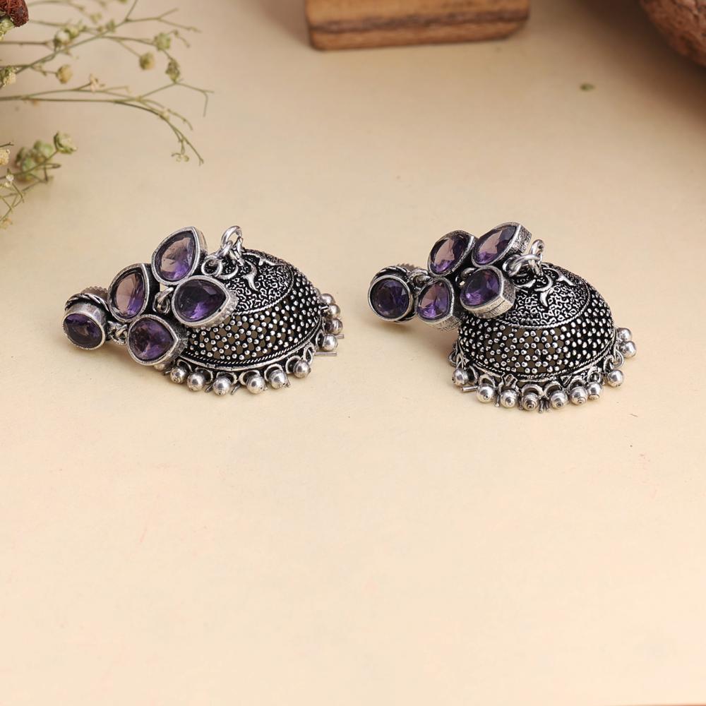 Isabella Style Silver-Toned and Purple Stone Oxidized Dome Shaped Jhumka  / oxidized jewelry, brass earrings, handmade jewelry, jhumka, indian jewelry