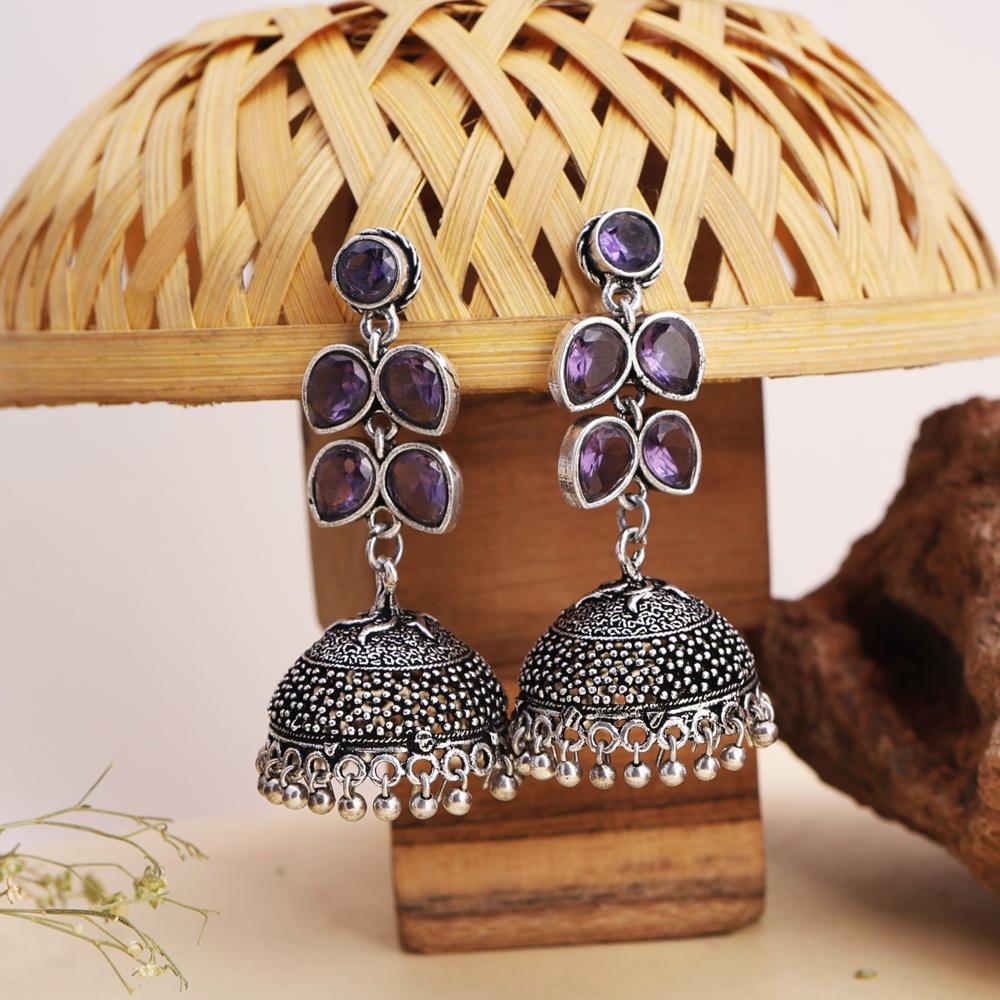Isabella Style Silver-toned And Purple Stone Oxidized Dome Shaped