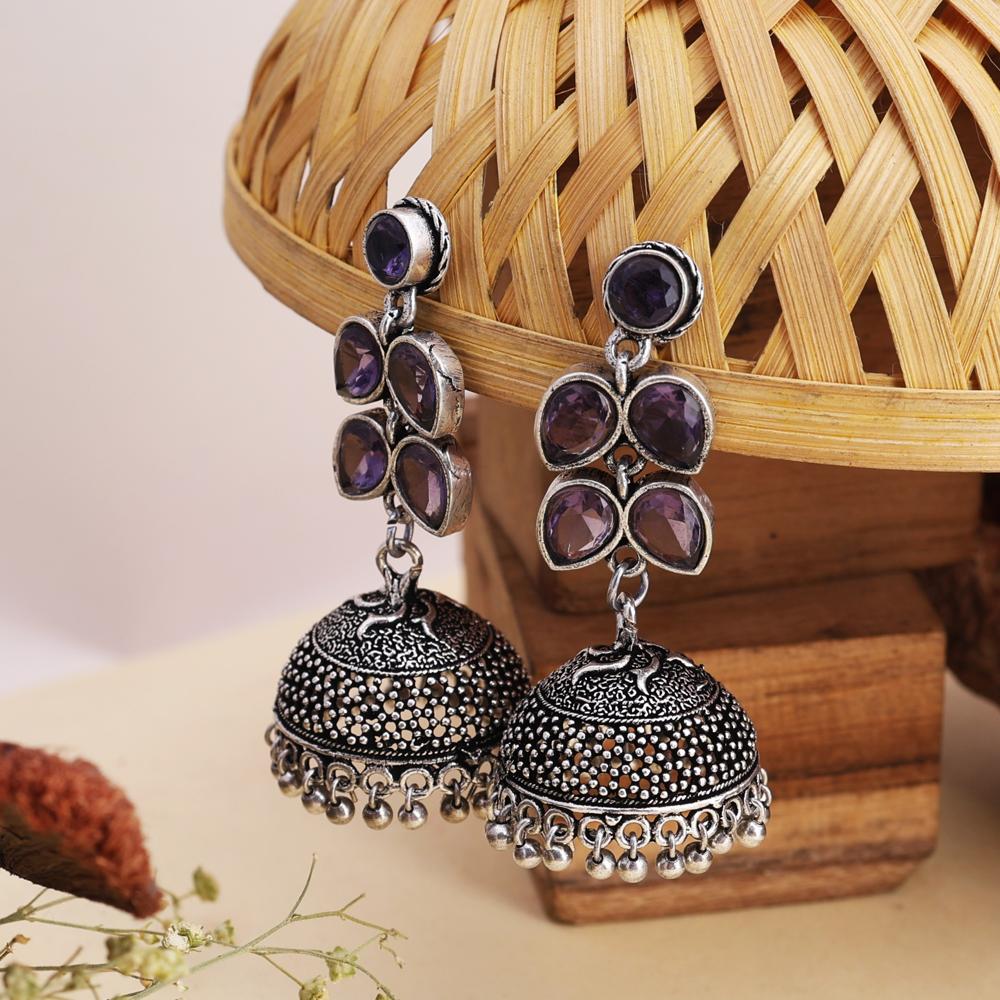 Isabella Style Silver-Toned and Purple Stone Oxidized Dome Shaped Jhumka  / oxidized jewelry, brass earrings, handmade jewelry, jhumka, indian jewelry