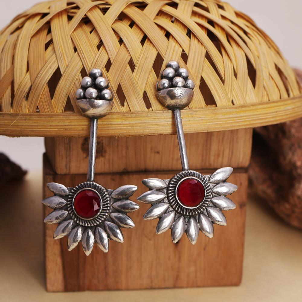 Tribal Boho Antique Earrings in German Silver Finish Red Gemstone Centerpiece   oxidized jewelry, brass earrings, handmade jewelry, jhumka, indian jewelry