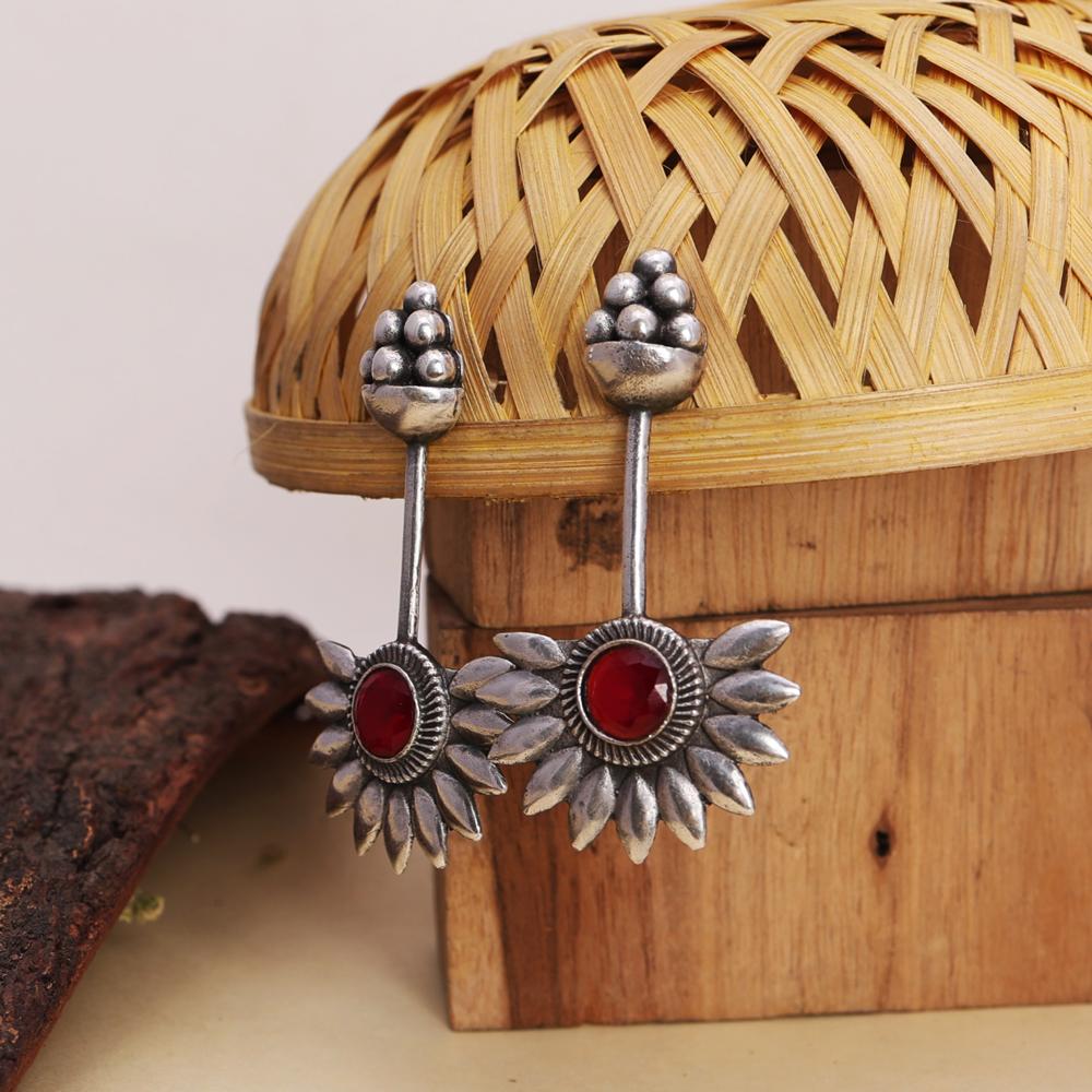 Tribal Boho Antique Earrings in German Silver Finish Red Gemstone Centerpiece   oxidized jewelry, brass earrings, handmade jewelry, jhumka, indian jewelry