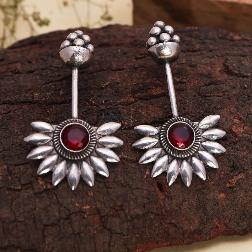 Tribal Boho Antique Earrings in German Silver Finish Red Gemstone Centerpiece   oxidized jewelry, brass earrings, handmade jewelry, jhumka, indian jewelry