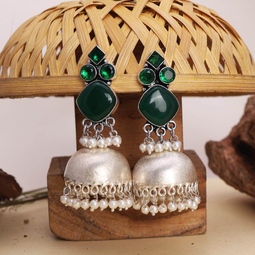 Gold-Plated Long Dangler Earrings with Pearls Drop Emerald Color Stones Earrings  oxidized jewelry, brass earrings, handmade jewelry, jhumka, indian jewelry