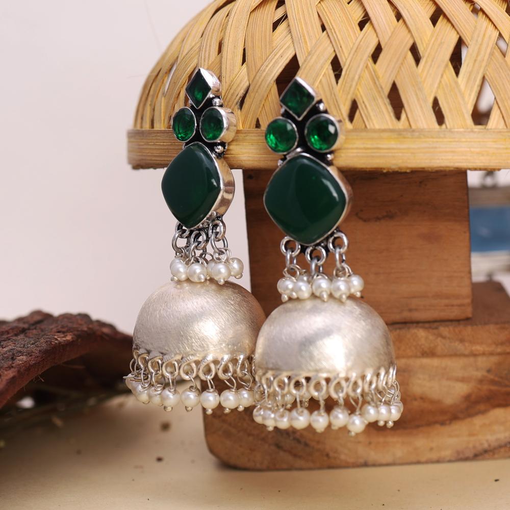 Gold-Plated Long Dangler Earrings with Pearls Drop Emerald Color Stones Earrings  oxidized jewelry, brass earrings, handmade jewelry, jhumka, indian jewelry