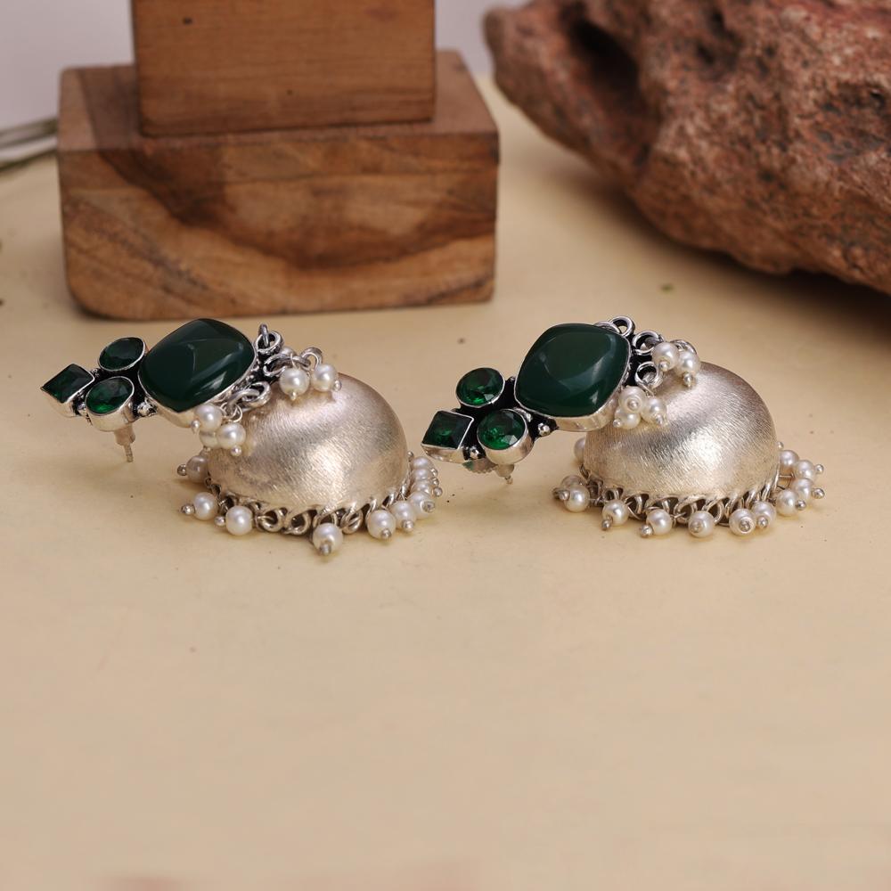 Gold-Plated Long Dangler Earrings with Pearls Drop Emerald Color Stones Earrings  oxidized jewelry, brass earrings, handmade jewelry, jhumka, indian jewelry