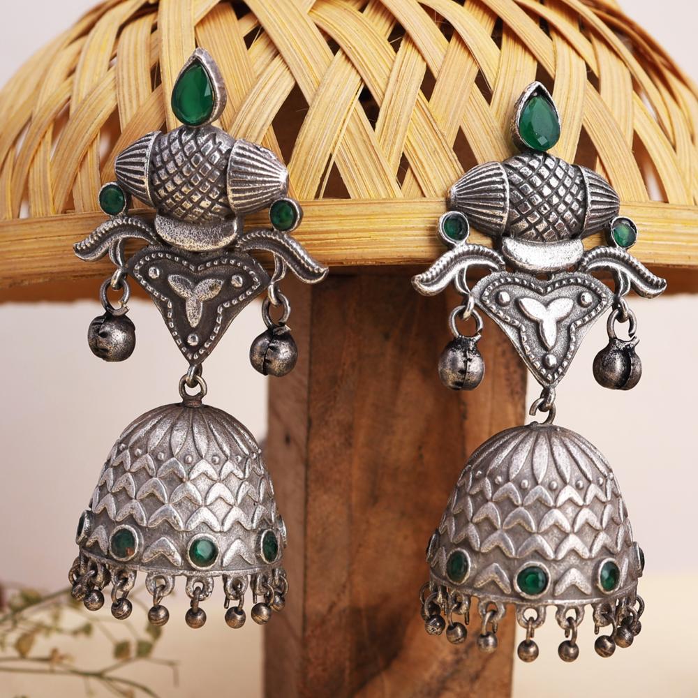 Antique Aura Trends Classic Oxidized Green Stone Jhumka Earrings For Women and Girls   oxidized jewelry, brass earrings, handmade jewelry, jhumka, indian jewelry