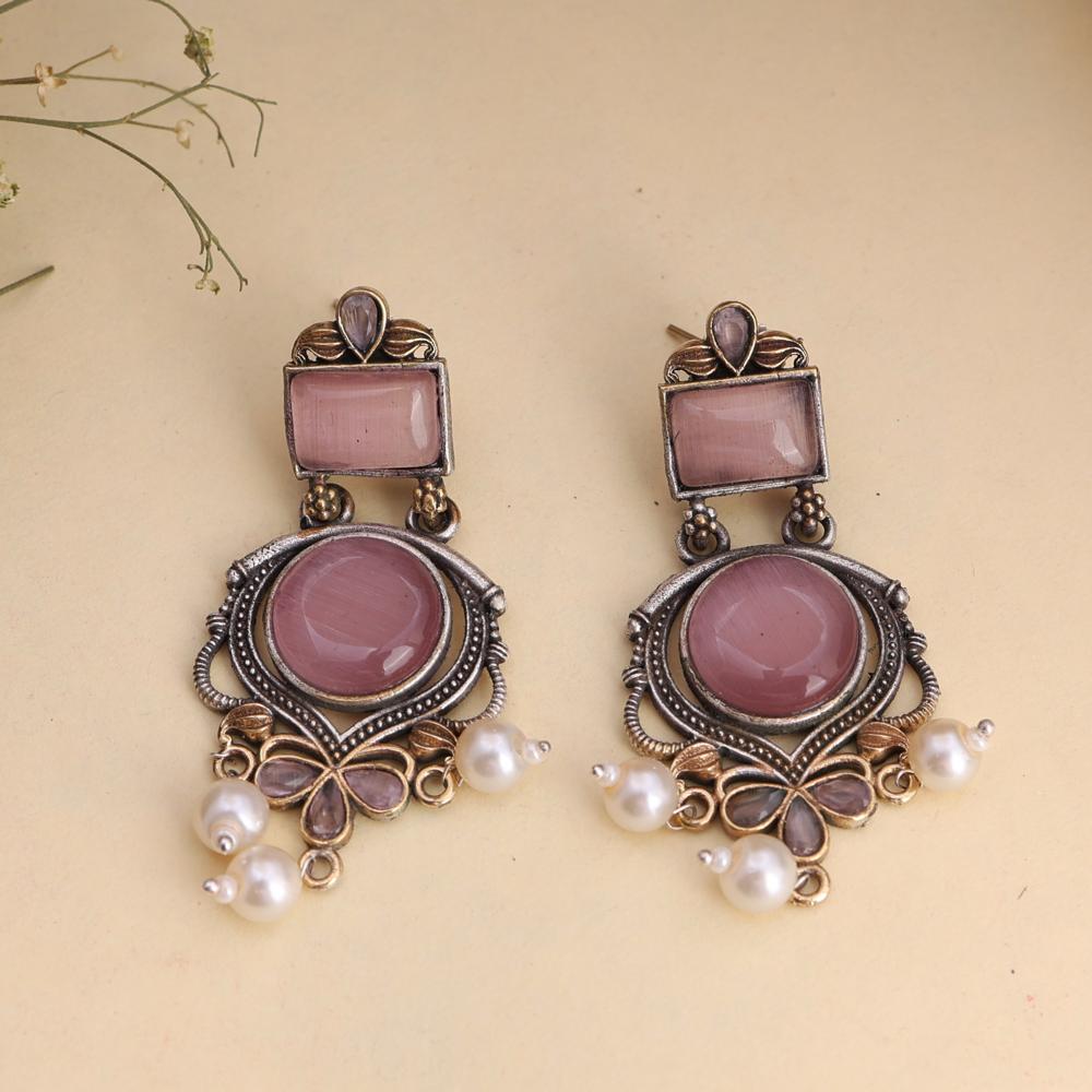 Beautiful Two-Tone Elegant Oxidized Silver Earrings Monalisa Stone earrings With Pearls Drops  oxidized jewelry, brass earrings, handmade jewelry, jhumka, indian jewelry