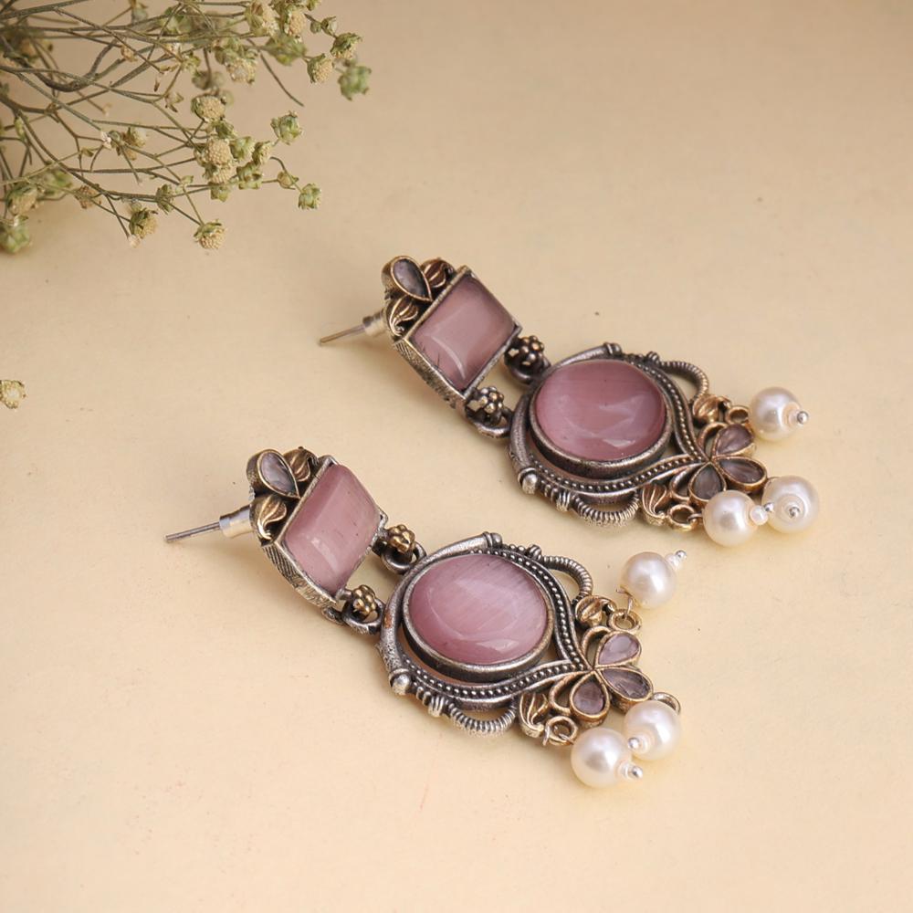 Beautiful Two-Tone Elegant Oxidized Silver Earrings Monalisa Stone earrings With Pearls Drops  oxidized jewelry, brass earrings, handmade jewelry, jhumka, indian jewelry