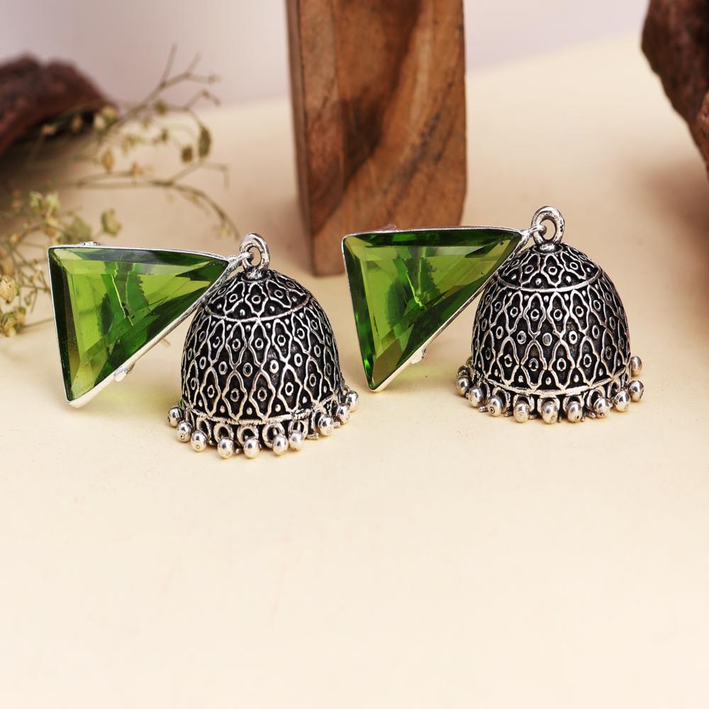 Silver Plated Oxidized Green Contemporary Jhumka Earrings Huge Stone Earrings   oxidized jewelry, brass earrings, handmade jewelry, jhumka, indian jewelry