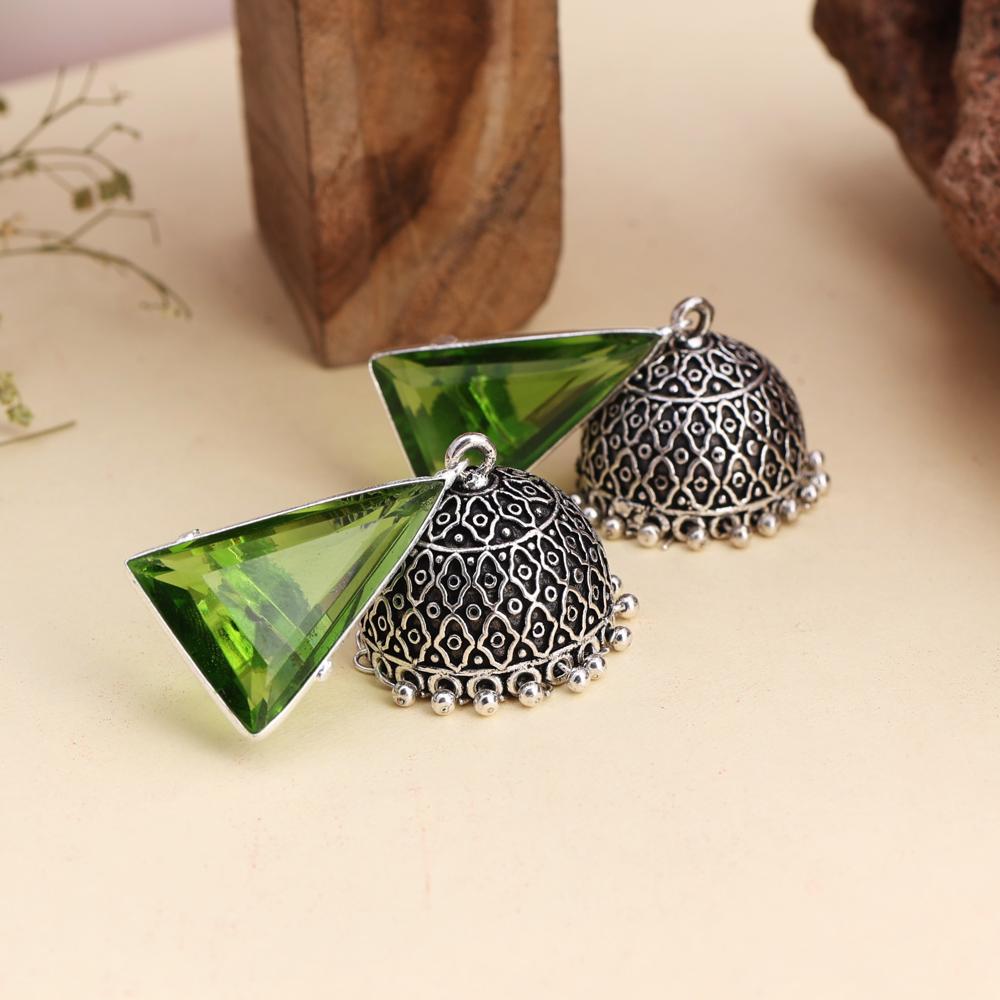 Silver Plated Oxidized Green Contemporary Jhumka Earrings Huge Stone Earrings   oxidized jewelry, brass earrings, handmade jewelry, jhumka, indian jewelry