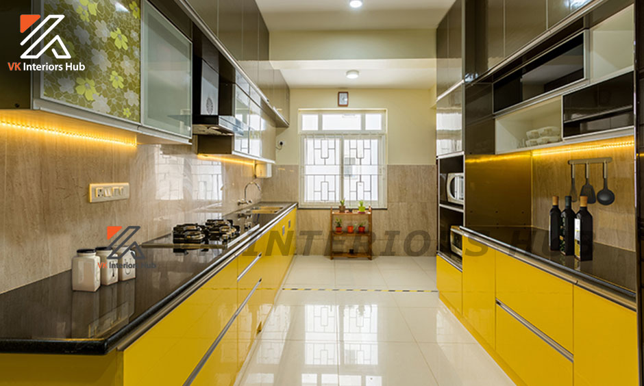 Parallel Kitchen Interior Services - Plywood Mdf Hdf Laminates, Granite Quartz Marble Countertops | Soft Close Drawers, Modular Shelving, Ambient Lighting