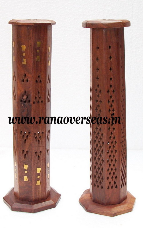 Sheesham Wood Incense Pillar - Polished Finish, 12-15 Inches Tall, Custom Color Options, Hand-Carved Design for Worship & Collectibles