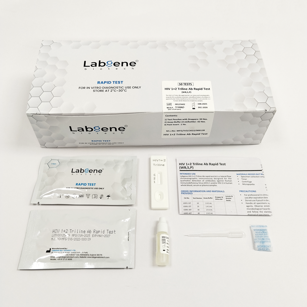 Labgene HIV 1+2 Triline Rapid Test Kit | Accurate Antibody Detection in Blood, Serum & Plasma | 50 Tests/Box