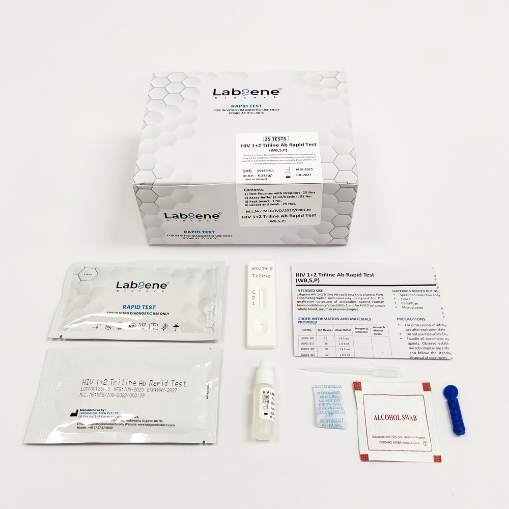 Labgene HIV 1+2 Triline Rapid Test Kit | Accurate Antibody Detection in Blood, Serum & Plasma | 25Tests/Box