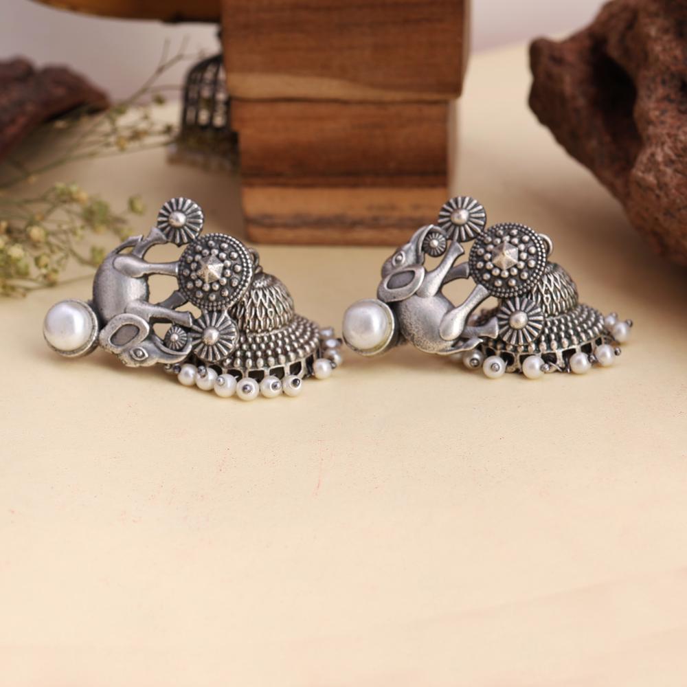 Tribal Style Elephant Jhumka Earring with Pearls Antique Silver Earrings