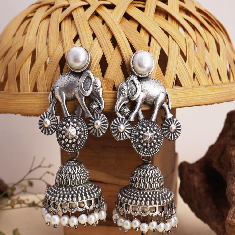 Tribal Style Elephant Jhumka Earring With Pearls Antique Silver Earrings - Gender: Women