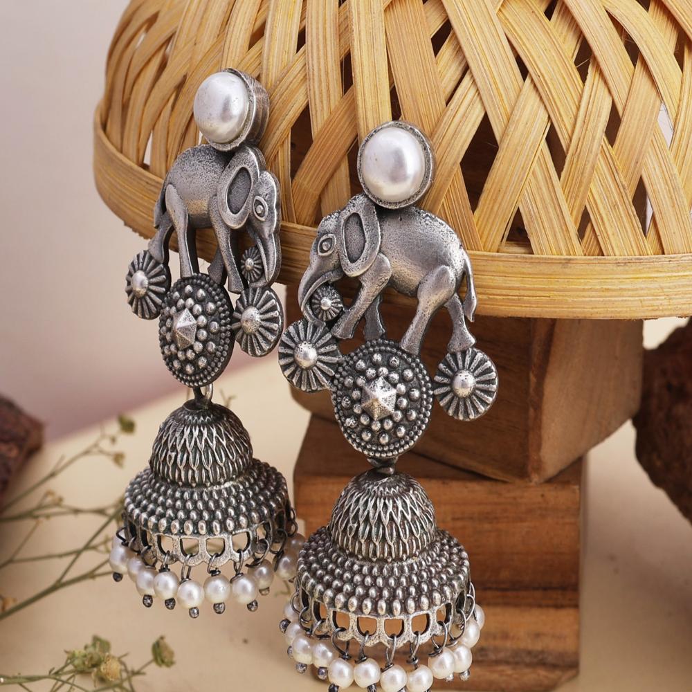Tribal Style Elephant Jhumka Earring With Pearls Antique Silver Earrings - Gender: Women