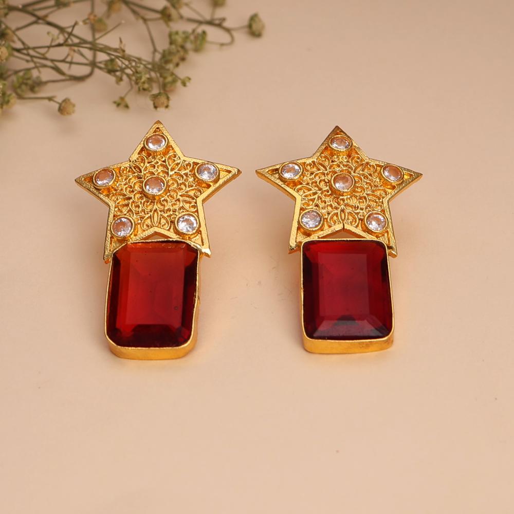 Gold Textured Bold Star Design Earrings with Red Gemstone Drop For Women and Girls