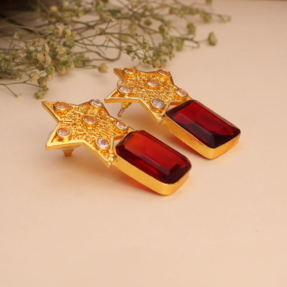 Gold Textured Bold Star Design Earrings with Red Gemstone Drop For Women and Girls