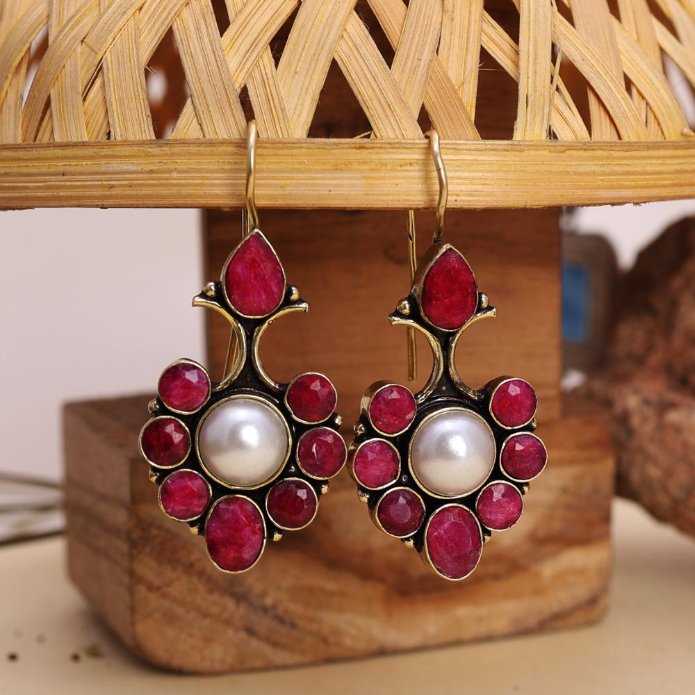 Gold Finish Ruby Radiance Pearl Studs Earring - Color: Pink