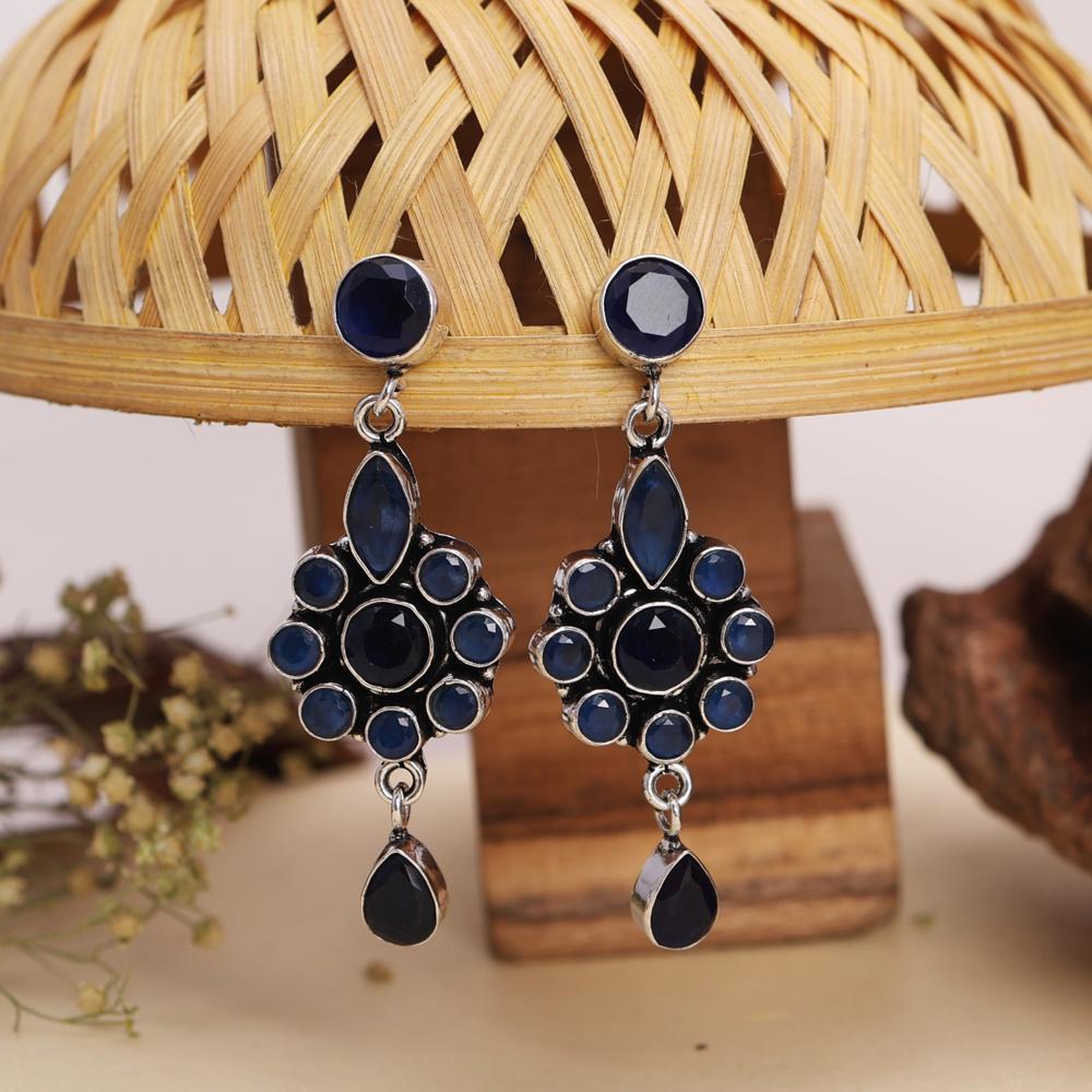 Elegant Royal Blue Stone Floral Dangler Earrings Silver Finish Brass Earrings