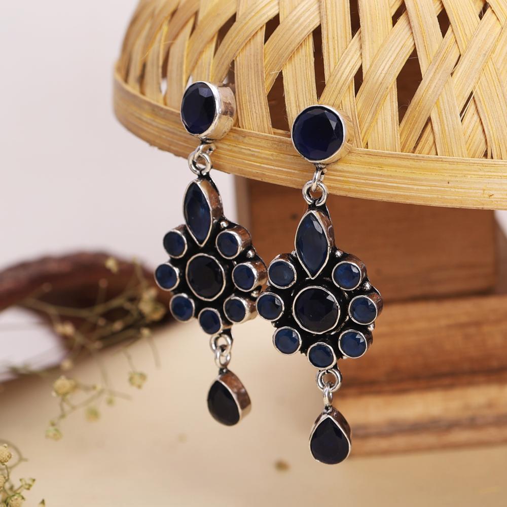 Elegant Royal Blue Stone Floral Dangler Earrings Silver Finish Brass Earrings