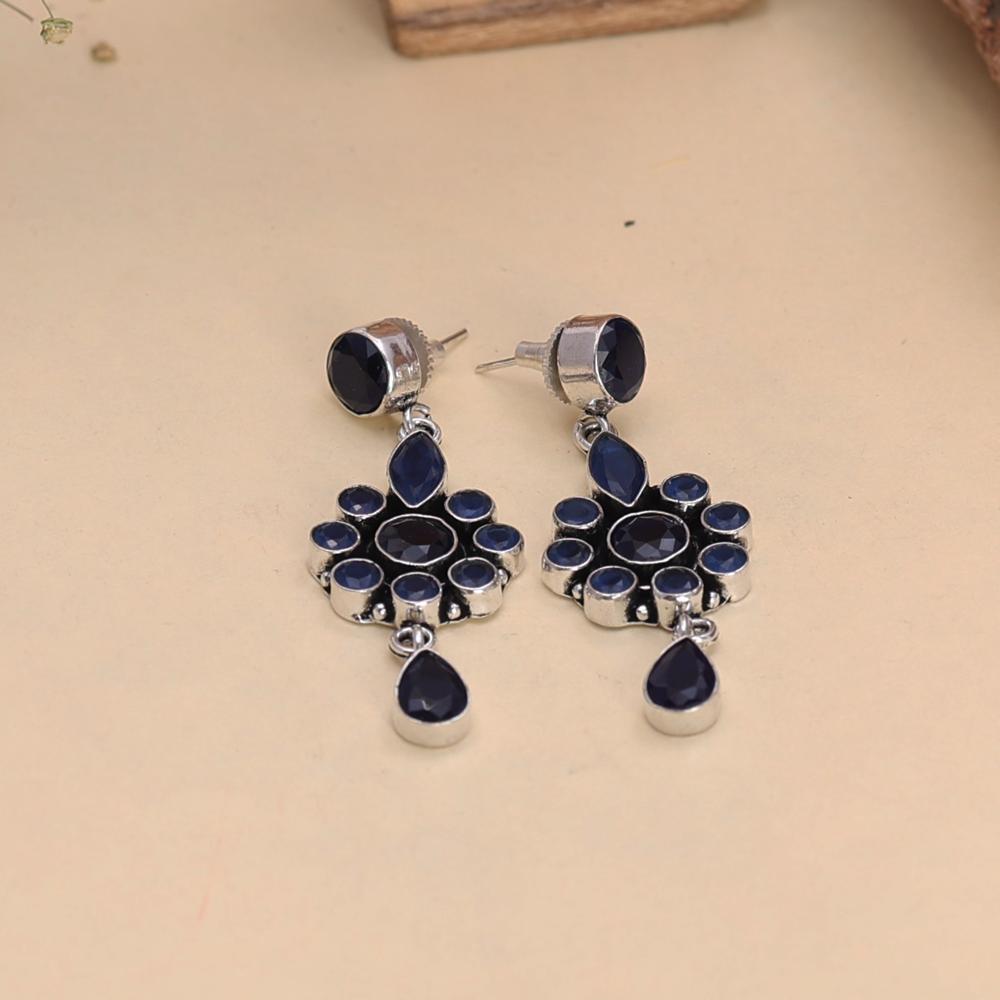 Elegant Royal Blue Stone Floral Dangler Earrings Silver Finish Brass Earrings
