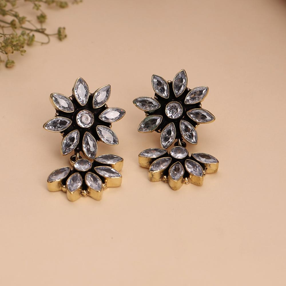 Sparkling Floral Design Studded Dangler Earrings Marquise & Round Cut Crystal Stones - Color: Black
