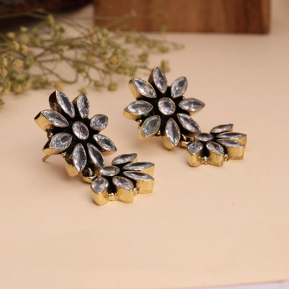 Sparkling Floral Design Studded Dangler Earrings Marquise & Round Cut crystal Stones