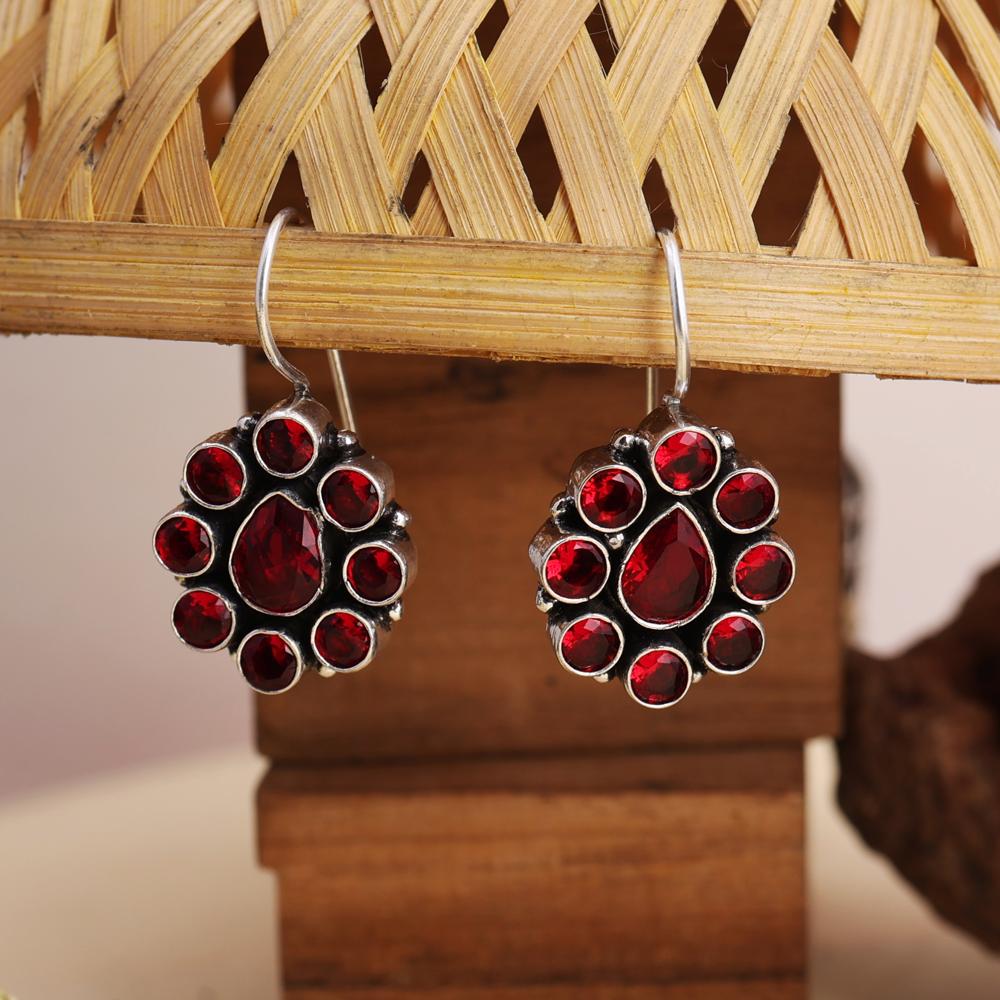 Oxidized Silver Red Stone Hoop Earrings In Floral Design Earring For Beautiful Women And Girls - Material: Metal
