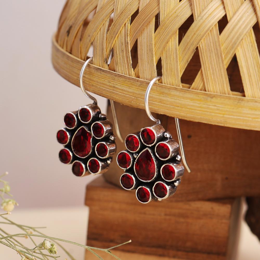 Oxidized Silver Red Stone Hoop Earrings in Floral Design Earring For Beautiful Women and Girls
