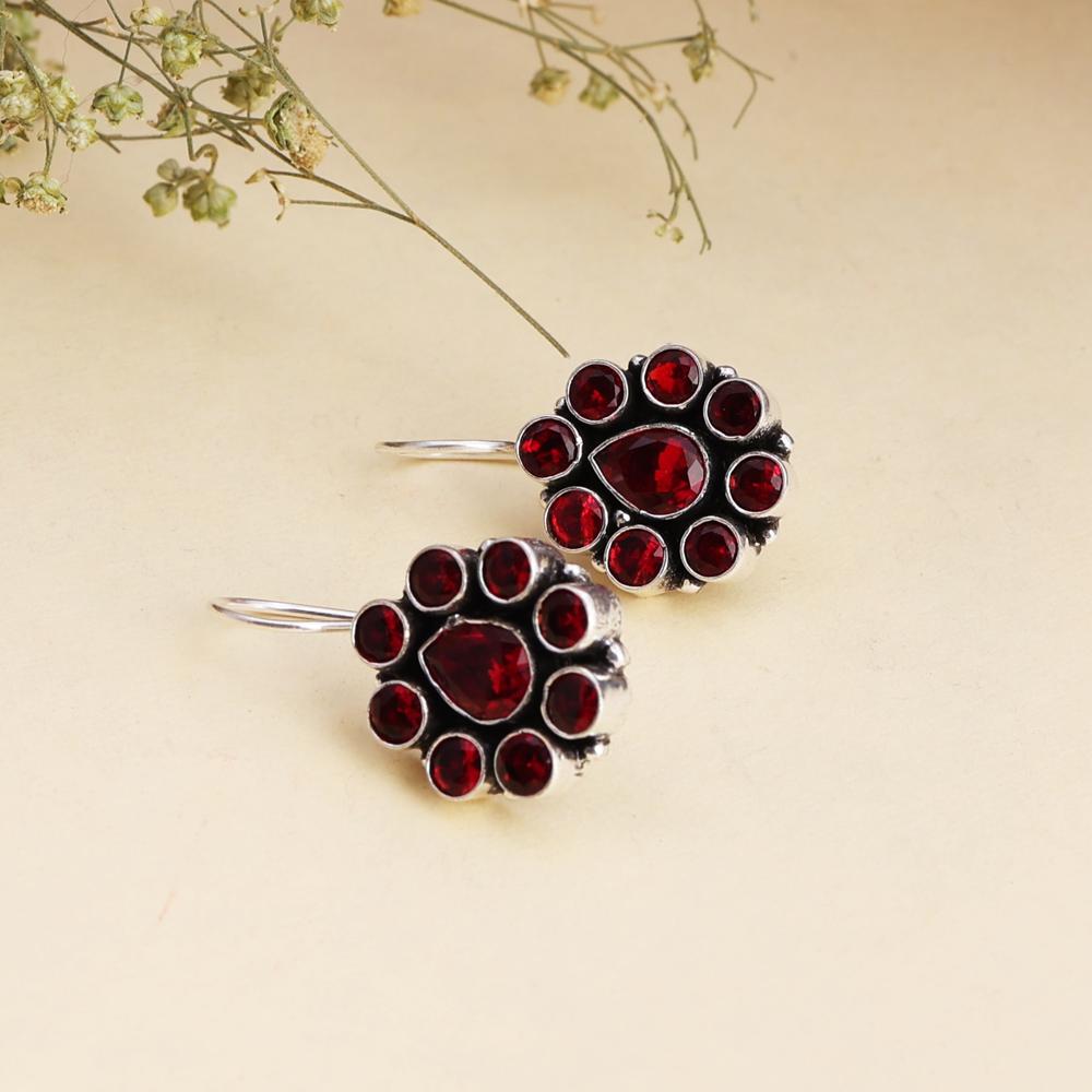 Oxidized Silver Red Stone Hoop Earrings In Floral Design Earring For Beautiful Women And Girls - Material: Metal