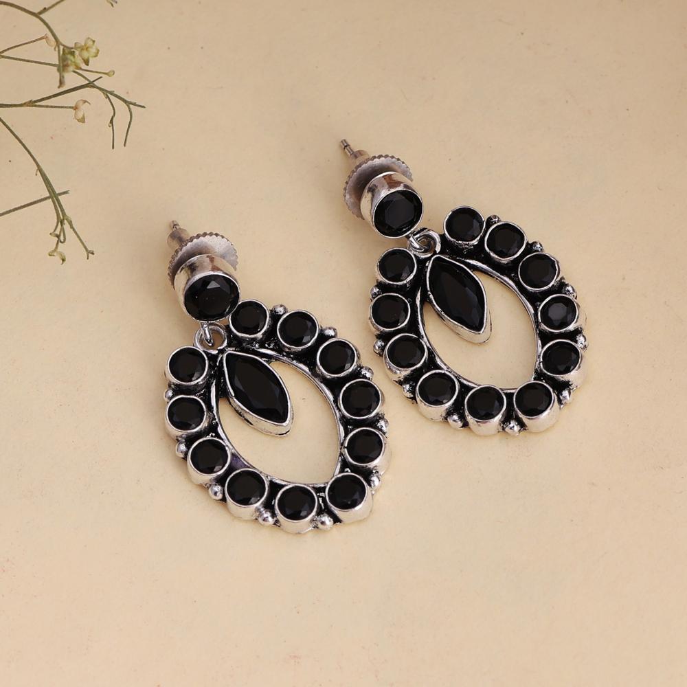 Black Stone Studded Antique Silver-Plated Earrings