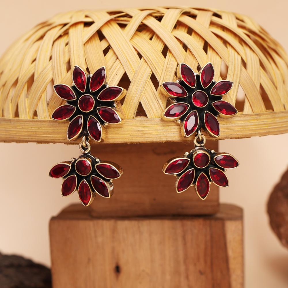 Bridal Red Stone Gold Polished Drop Earrings Floral Teardrop Earrings Indo-Western Fusion