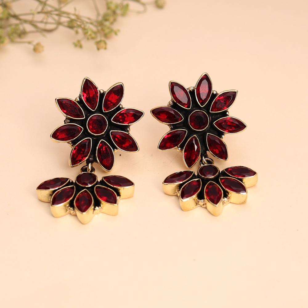 Bridal Red Stone Gold Polished Drop Earrings Floral Teardrop Earrings Indo-Western Fusion