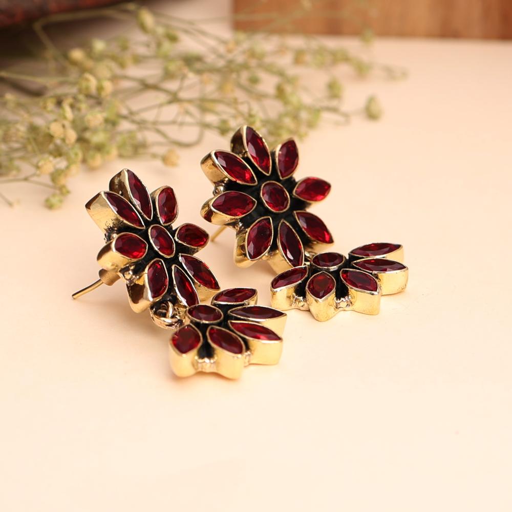 Bridal Red Stone Gold Polished Drop Earrings Floral Teardrop Earrings Indo-Western Fusion