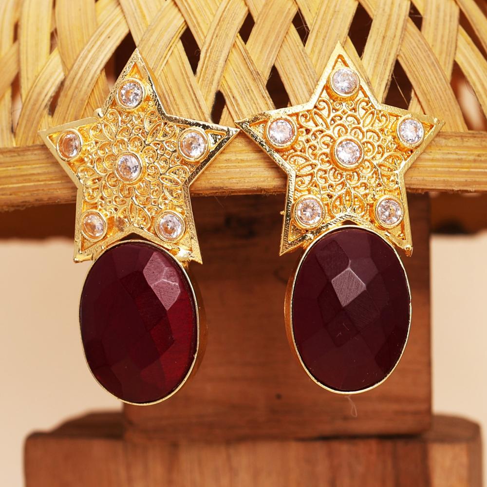 Designer Star-Shaped Gold Plated Earrings with Red Cut Stone