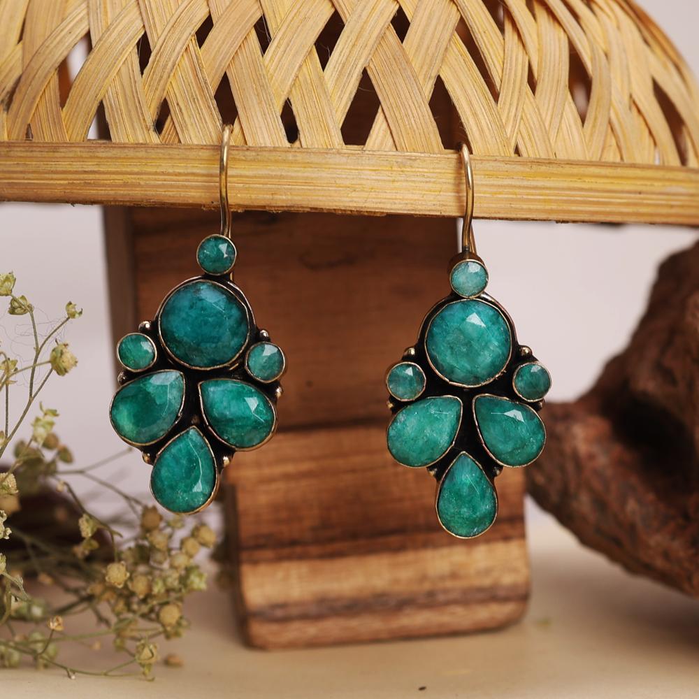 Gold Plated Rich Turquoise Color Stone Cluster Earrings Handcrafted Ethnic Dangler