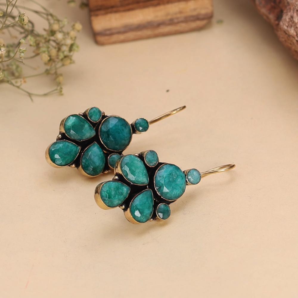 Gold Plated Rich Turquoise Color Stone Cluster Earrings Handcrafted Ethnic Dangler