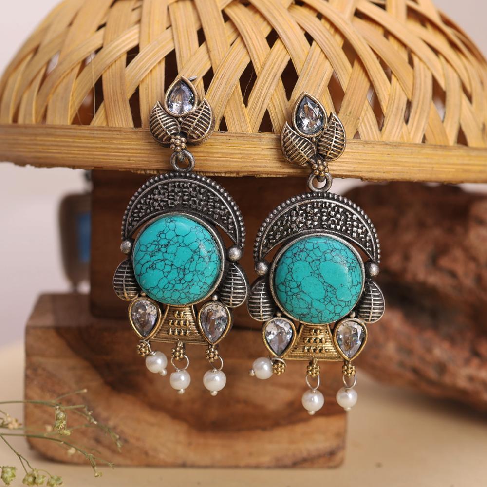 Two-Tone Fashion Blue Stone & Pearl Dangle Earrings For Women and Girls