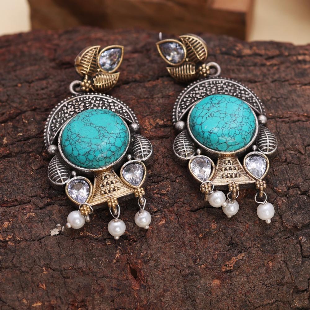 Two-Tone Fashion Blue Stone & Pearl Dangle Earrings For Women and Girls